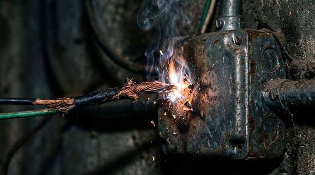 Electrical short circuit with sparks and fire burning damaged wiring