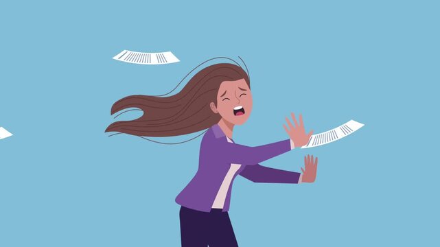 Animated businesswoman struggling against heavy wind with flying papers on blue background.