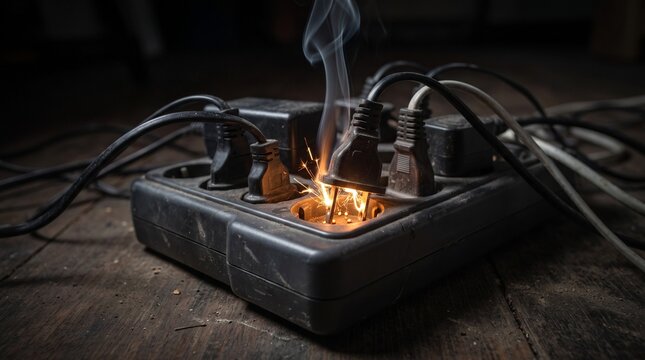 Dark power extension block catching fire with sparks and heavy smoke indoors.