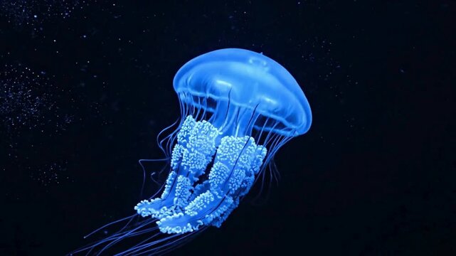 Bioluminescent jellyfish pulsing softly in deep dark ocean water, oceanic macro animation