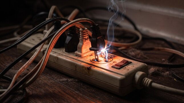 Electrical outlet overloaded with plugs sparking and smoking on a wooden floor.