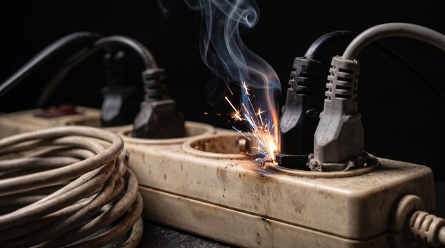Electrical short circuit fire with sparks and smoke coming from a plugged-in power strip socket