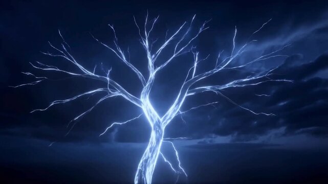Lightning bolt branching in fractal tree pattern illuminating storm clouds, dramatic natural phenomenon animation
