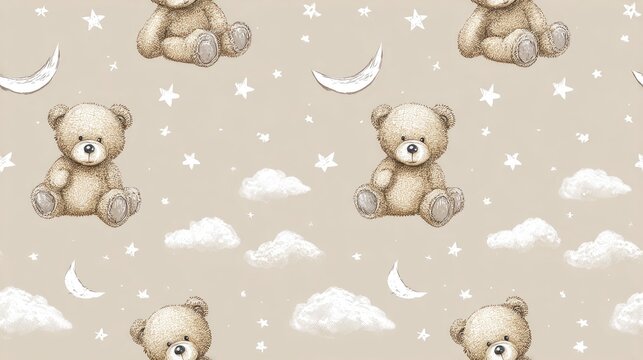 Seamless nursery pattern with cute teddy bears, crescent moon, stars and clouds on a warm beige background, dreamy bedtime illustration, soft kids design