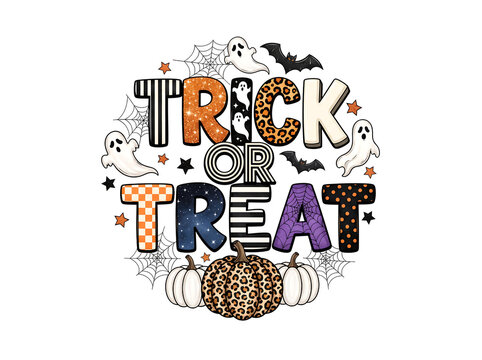 Retro Trick or Treat Halloween Sublimation Design with Leopard Print Pumpkins, Ghosts and Bats, Isolated on Transparent Background
