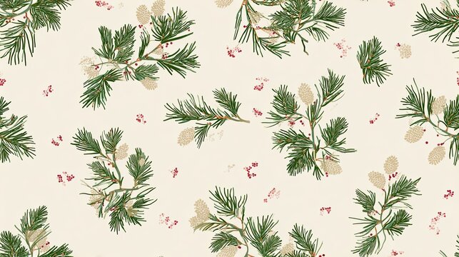 Seamless pattern of pine sprigs, small berries and winter foliage on a cream background, soft botanical illustration, festive natural surface design
