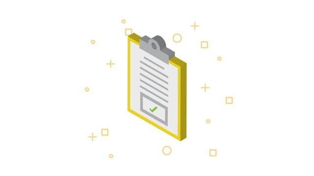 Isometric clipboard with check mark animation representing document approval and completed tasks for business projects.