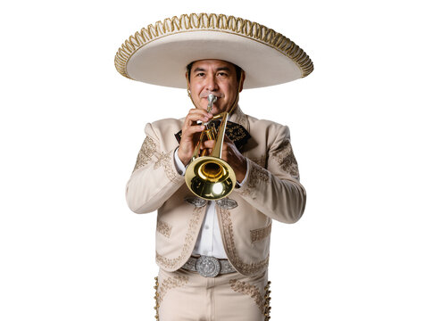 Isolated happy mariachi musician playing trumpet in traditional charro suit and large sombrero.