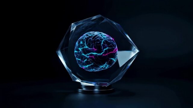 Futuristic Glowing Human Brain with Electric Impulses Inside a Faceted Geometric Crystal Sculpture on a Dark Background
