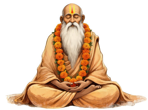 Isolated wise Indian guru meditating peacefully in traditional orange attire with marigold garland