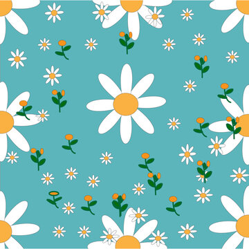Seamless vector pattern with white daisy flowers on a turquoise blue background