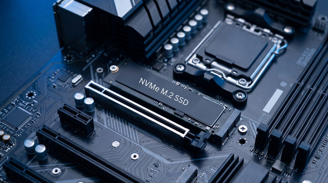 Top-down view of an M.2 NVMe solid-state drive securely mounted flush into the M.2 slot of a dark-gray computer motherboard.