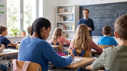 Fototapeta premium Diverse students studying in classroom with teacher