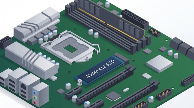 Isometric illustration of a gray motherboard featuring an NVMe SSD securely slotted into its M.2 connector socket.