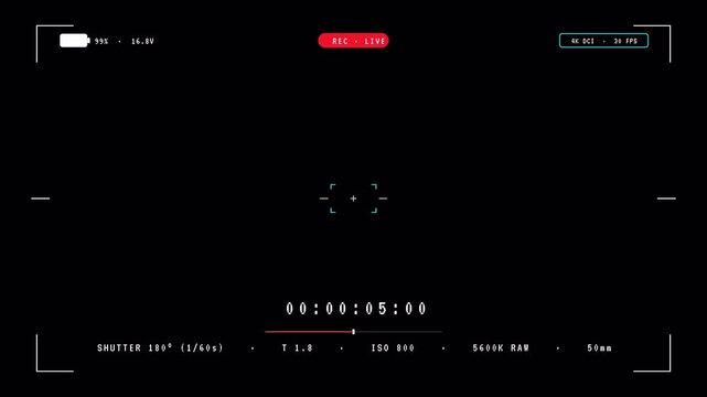 Digital camera viewfinder interface with recording time code and focus point tracking for cinematic film production overlay 4K animation