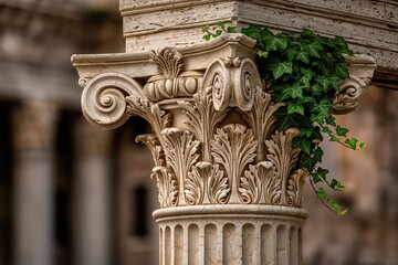 Naklejka premium Roman capital column carved stone architecture with green ivy leaves