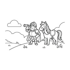 Fototapeta premium Cute knight looking through telescope with pet horse coloring page, fairy tale adventure landscape concept