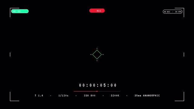 Cinematic camera viewfinder interface overlay with recording indicator and digital timecode for professional film production mockups 4K animation