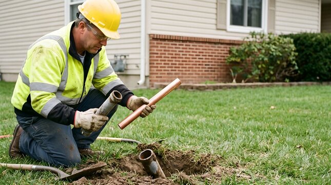 Utility worker examines a new copper pipe beside an exposed old residential water service line, illustrating lead pipe replacement and drinking water infrastructure renewal.