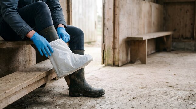 Farm visitor pulls a disposable boot cover over a muddy rubber boot at a barn entrance, illustrating footwear biosecurity, contamination control and clean entry procedures.