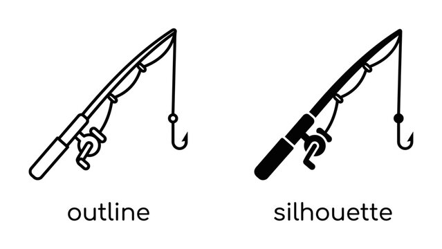 Fishing Rod Icon: A simple, clean icon representing a fishing rod in both outline and silhouette forms, perfect for illustrating outdoor hobbies and leisure activities.