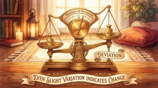 Antique golden balance scale measuring deviation and change, symbolizing balance, precision, and consequence in a warm, vintage setting.