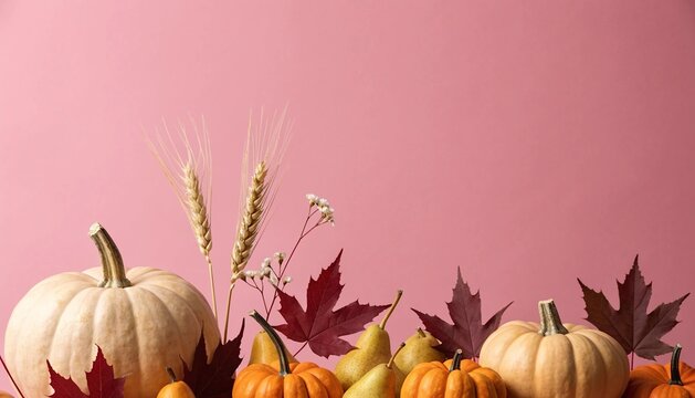 Thanksgiving stock image, cream pumpkins, orange gourds, burgundy maple leaves