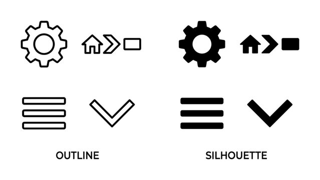UI Navigation Icons: A comparison of outline and silhouette icons for user interface navigation, including settings gear, home, next arrow, menu lines, and dropdown arrow.