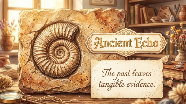 Ammonite fossil embedded in stone, a tangible echo of ancient life, displayed with vintage research tools and books.