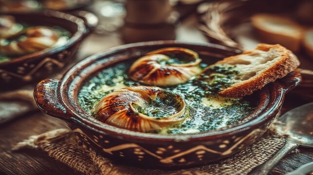 French snails baked in garlic parsley butter served in a traditional brown earthenware dish with crusty bread