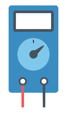 Minimalist digital multimeter icon with a central dial and display on a white background. Electrical testing and maintenance concept