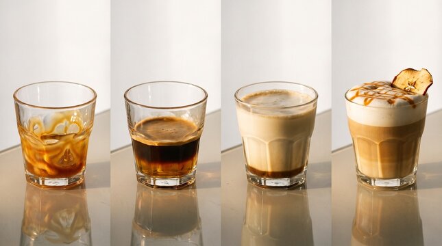 Side-by-side comparison of a small shot of espresso and a light milky iced coffee in clear glasses