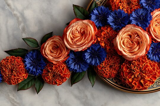 Luxury orange roses and blue cornflowers floral arrangement flat lay
