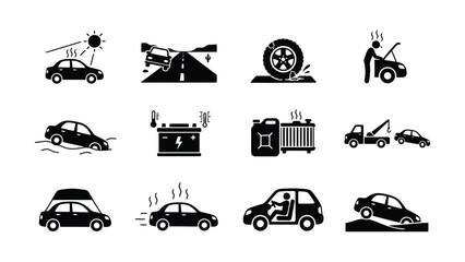 Naklejka premium Collection of black and white car trouble and maintenance icons with transparent background