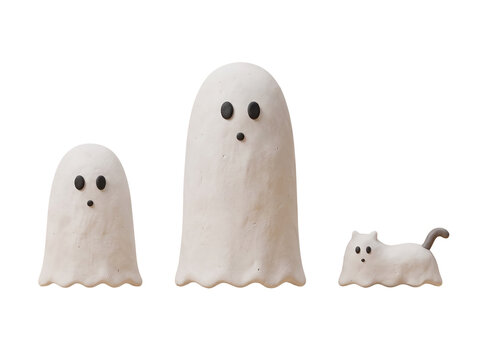 Three cute white ghost characters and cat isolated on transparent background, claymation Halloween cutout set