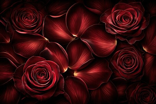 Red rose flowers background with romantic velvet petals and glowing light