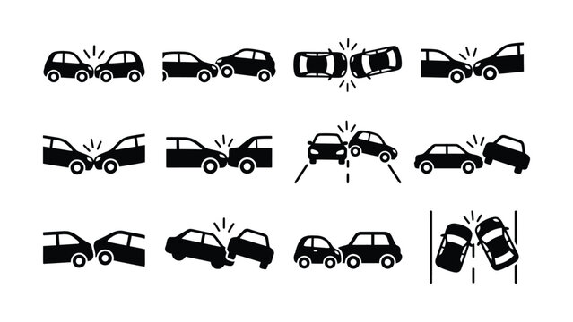 Collection of different car accident collision illustrations with impact effects
