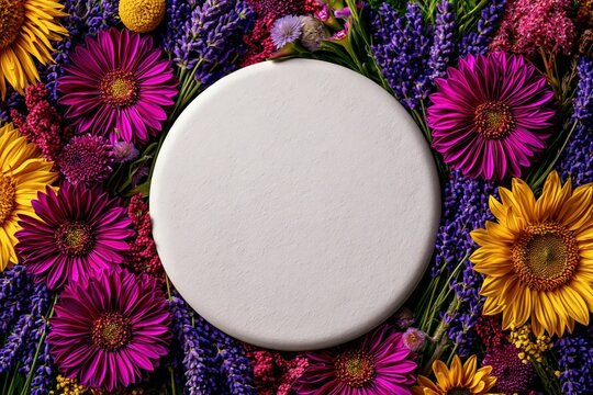 Floral frame with round white mockup card and vibrant summer flowers