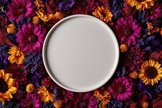 White plate mockup on vibrant floral background with colorful flowers