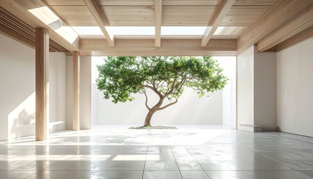 Modern minimalist interior architecture with wooden beams, skylights and a lush green tree centered in a large open window