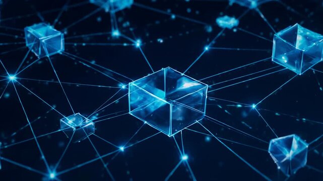 Abstract blockchain network with glowing cubes and connections in digital space