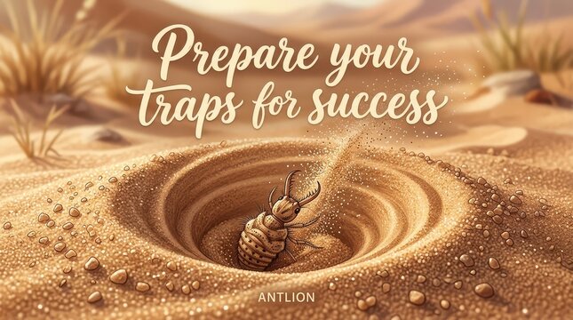 Antlion larva digging a trap in the sand, preparing for success, predatory insect in desert environment