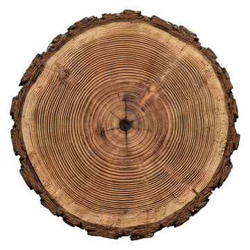 Round wooden tree trunk cross section with rings isolated on transparent background