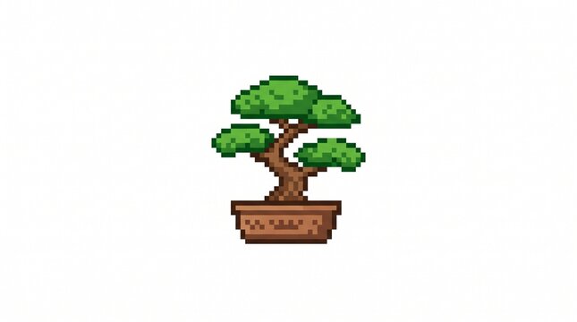 8-bit pixel art of a small Japanese bonsai tree in a pot decoration game asset isolated on white.
