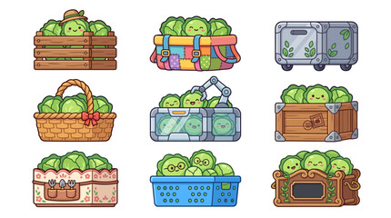 Naklejka premium Green vegetable characters in storage crates.