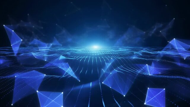 Abstract blue digital network dissolving into light with cinematic motion