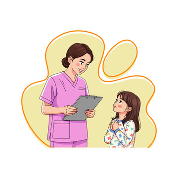 Caring female nurse leaning down to comfort a young pediatric patient girl in clinic illustration