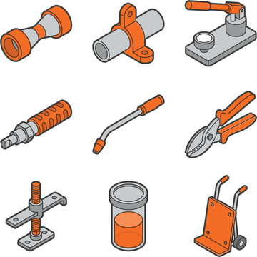 Industrial and construction tools icon set with plumbing and garden