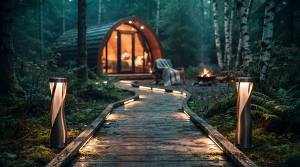 Obraz premium Cozy glamping pod in misty forest with illuminated wooden path