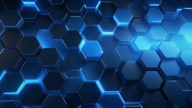 Abstract blue hexagon grid with glowing neon lines moving slowly in a futuristic digital tunnel
